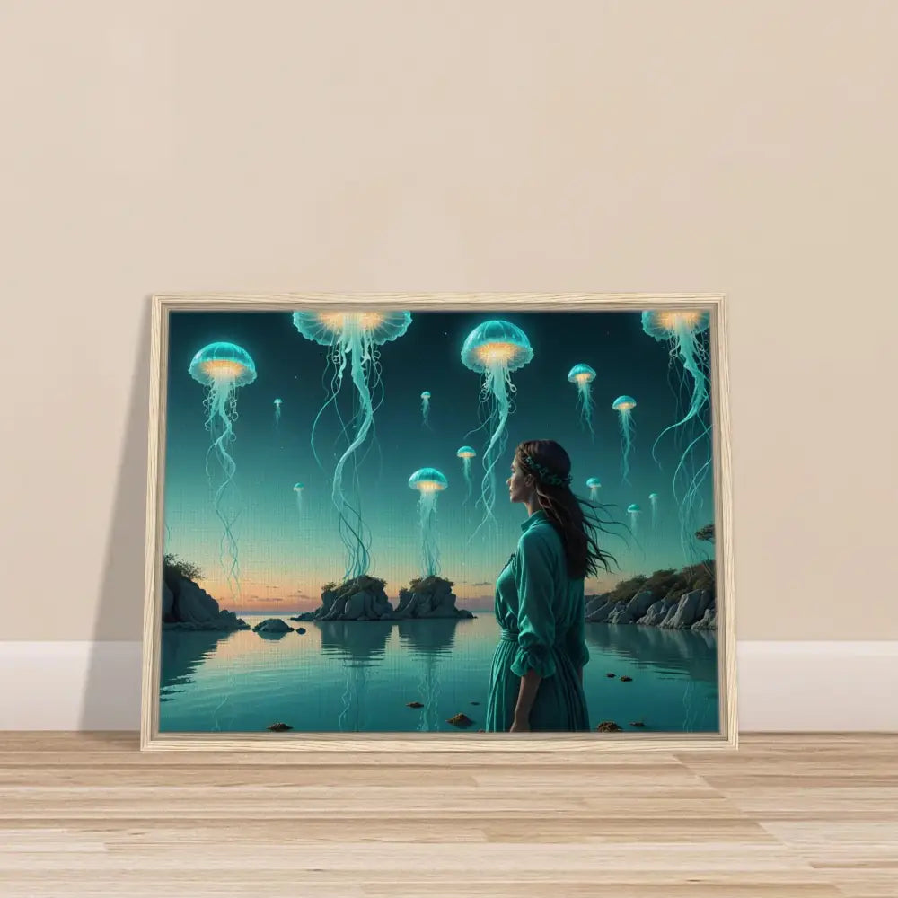 Framed jellyfish fantasy art on Turquoise Ascension Lagoon Scene canvas wall decor