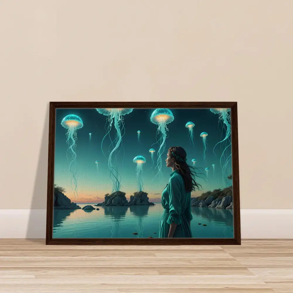 Framed jellyfish art displayed on PixiOnyx Turquoise Ascension Lagoon Scene canvas