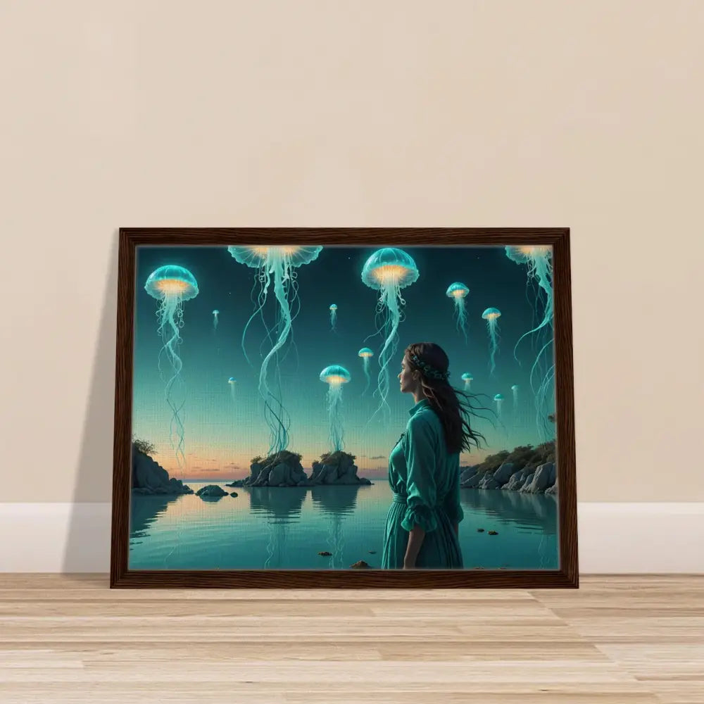 Framed jellyfish fantasy art wall decor in turquoise lagoon scene by PixiOnyx Fantasy