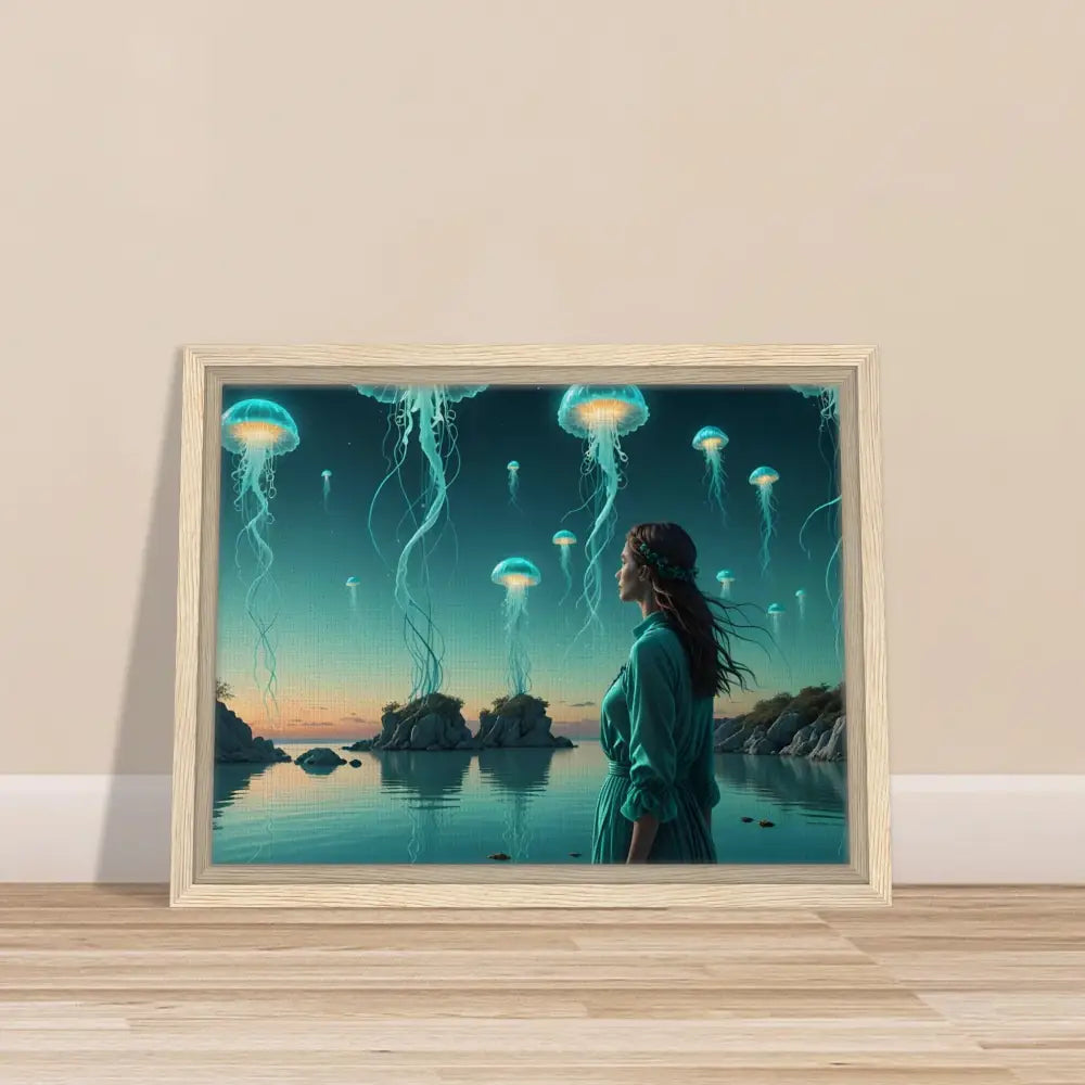 Framed jellyfish landscape art on turquoise lagoon scene canvas for wall decor
