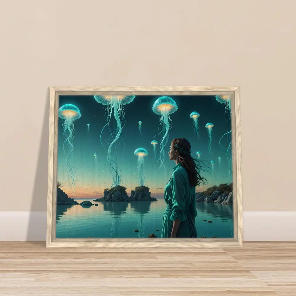 Framed jellyfish landscape art on turquoise lagoon scene canvas wall decor