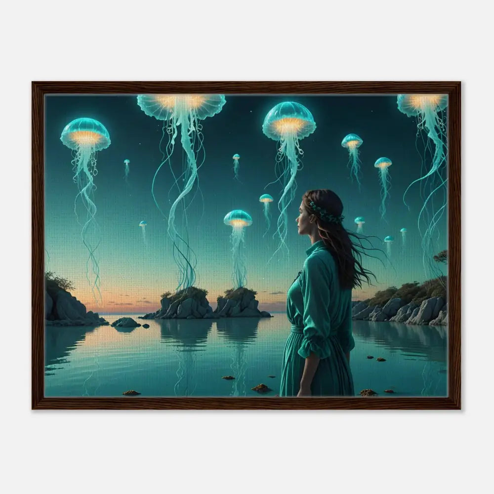 Framed Jellyfish Seascape Canvas Wall Art Turquoise Lagoon Scene PixiOnyx