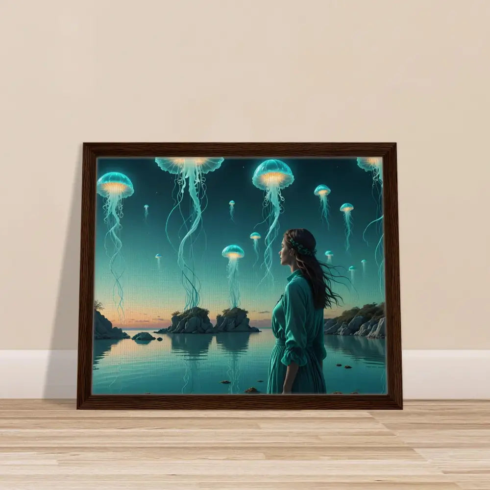 Framed jellyfish landscape art on turquoise lagoon scene canvas wall decor