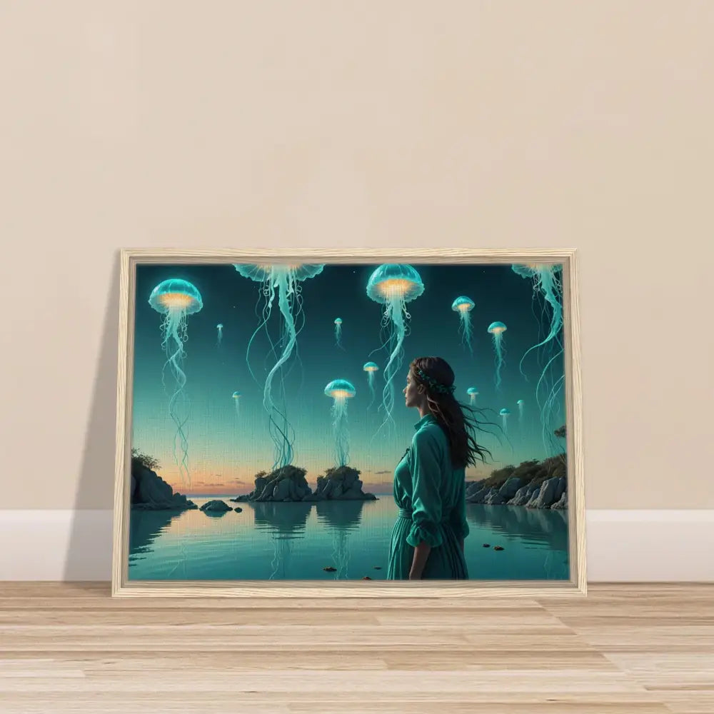 Framed jellyfish landscape art on turquoise lagoon scene wall decor by PixiOnyx