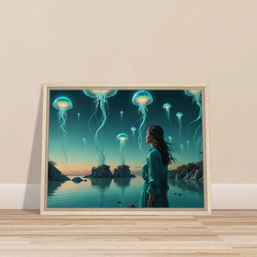 Framed jellyfish landscape art in turquoise lagoon scene for PixiOnyx fantasy wall decor