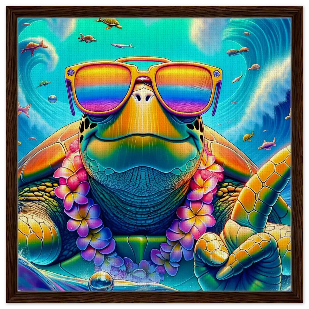 Colorful turtle wearing sunglasses and a lei displayed on Framed Canvas Turtle-y Misunderstood Bro
