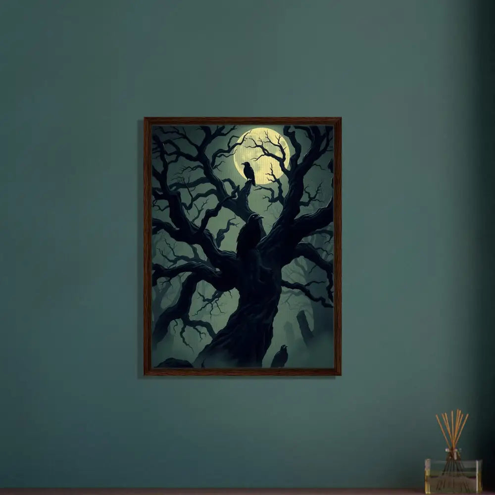 Framed spooky tree art displayed in Watcher of the Crooked Moon Canvas by PixiOnyx