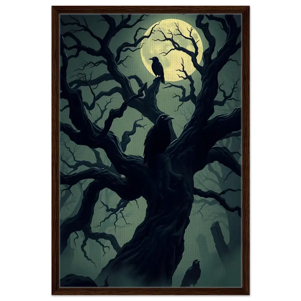 Framed spooky tree with ravens artwork on PixiOnyx Obsidian Hollow Frame