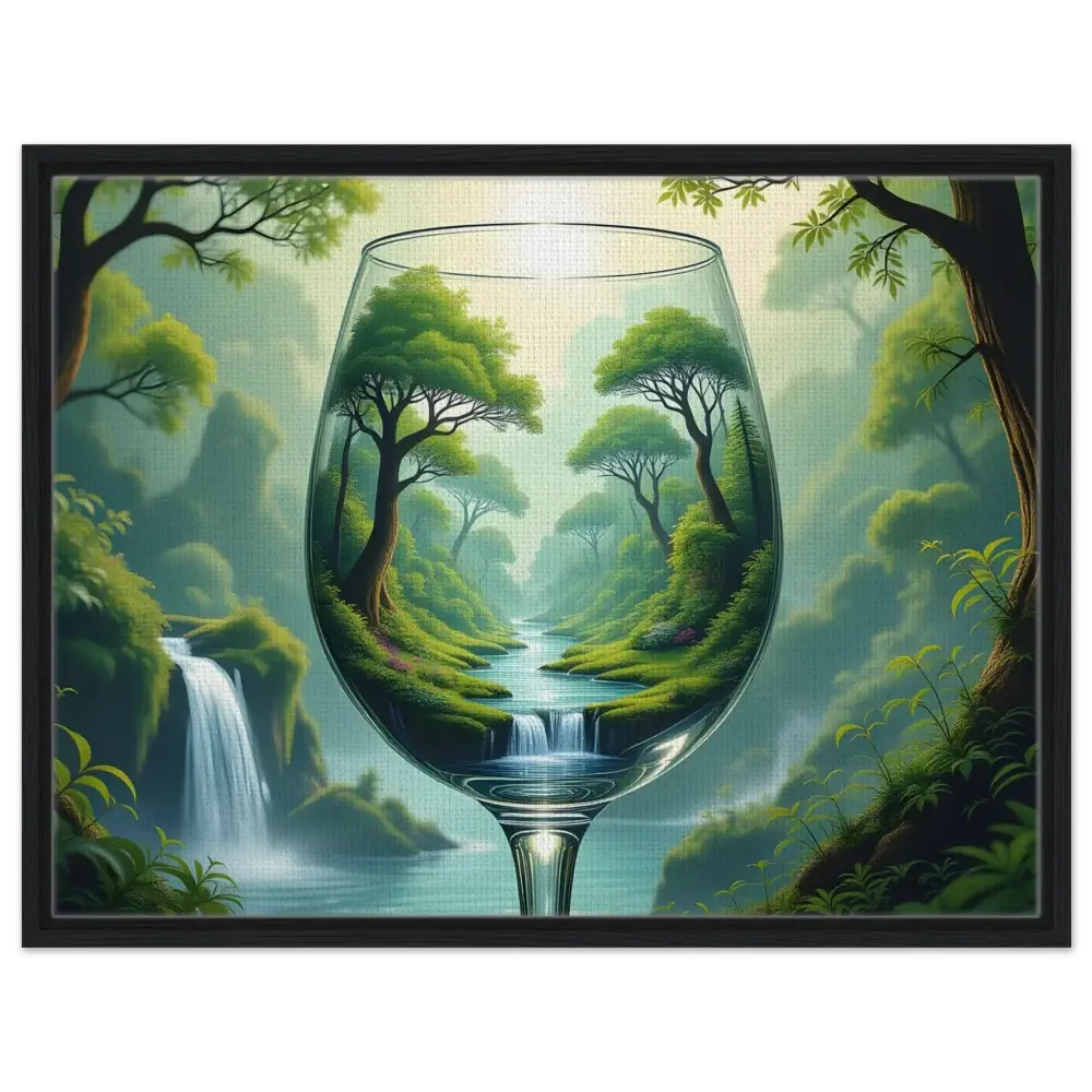 Framed forest landscape artwork inside a wine glass for PixiOnyx Dreamcore showcase