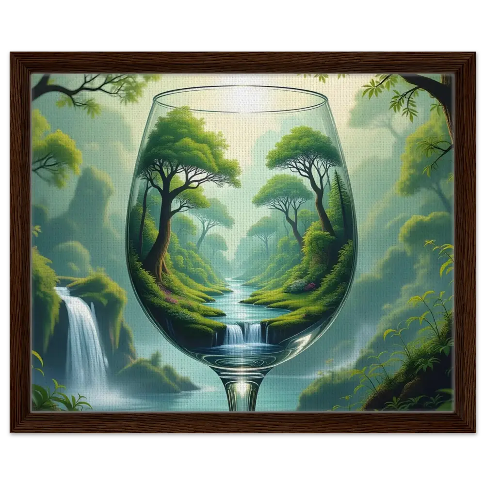 Framed wine glass landscape artwork featured in PixiOnyx Dreamcore surreal forest collection