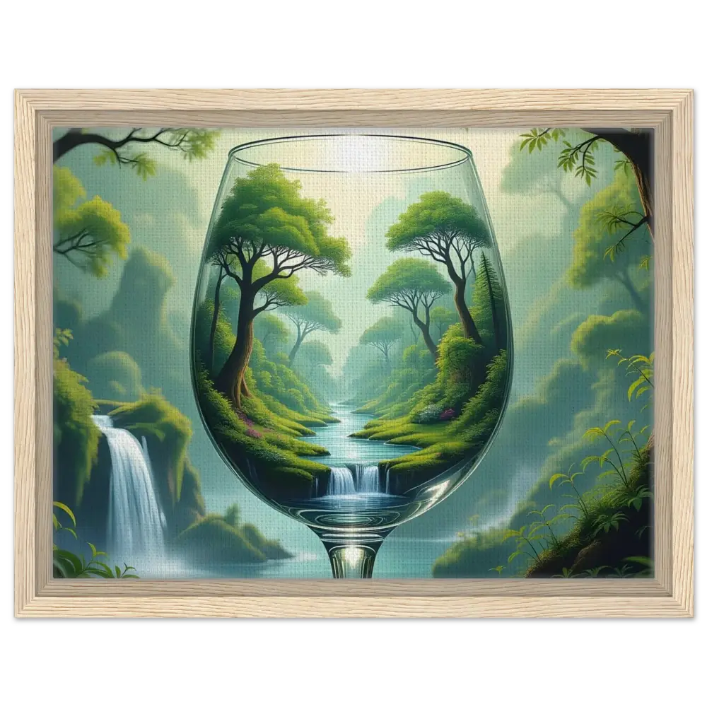 Framed Forest Landscape Artwork Inside a Wine Glass for Surreal Art Display