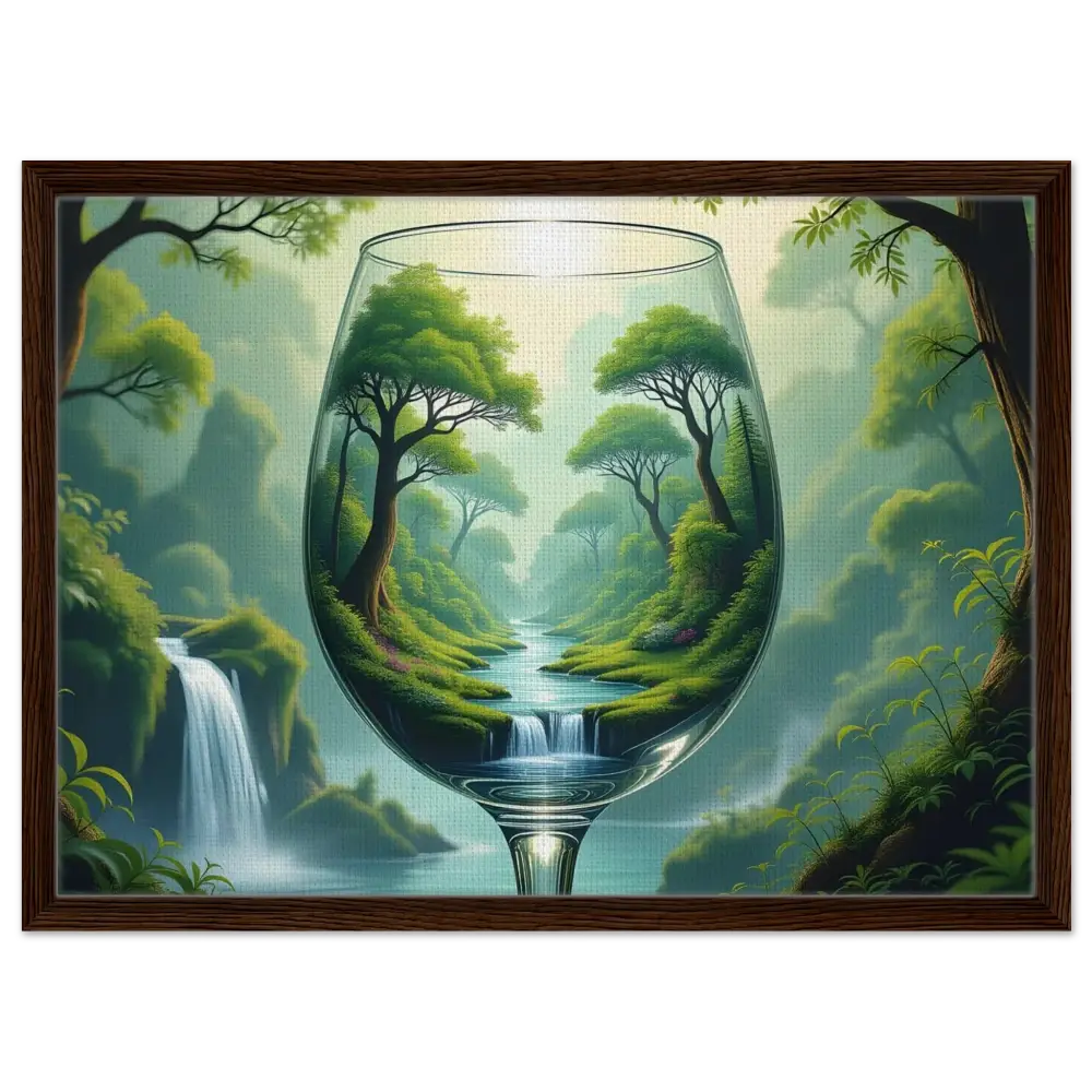 Framed forest landscape artwork inside a wine glass for surreal art display