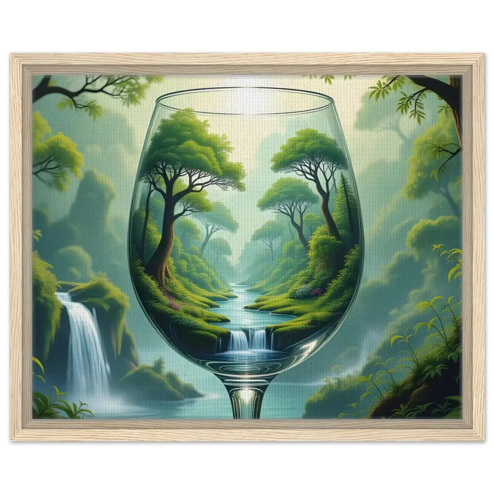 Framed canvas artwork depicting a wine glass landscape in a surreal forest scene