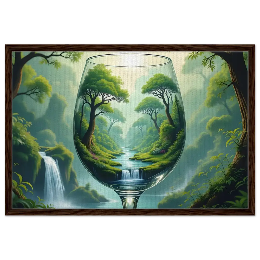 Framed Canvas depicting a surreal forest scene through a wine glass in PixiOnyx Dreamcore style