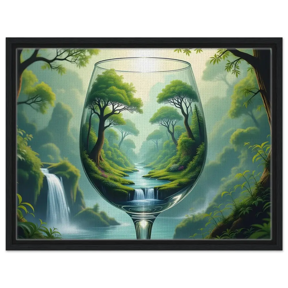 Framed wine glass landscape artwork on canvas in PixiOnyx Dreamcore Surreal Forest collection