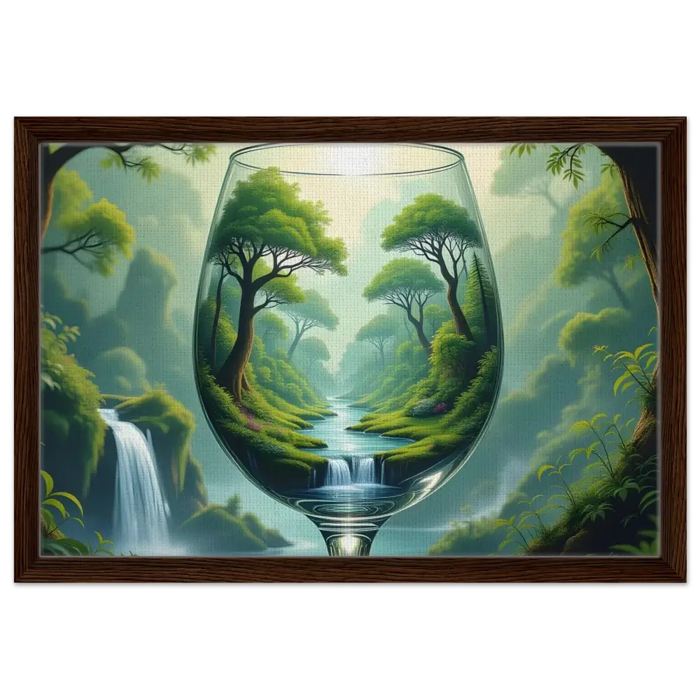 Framed wine glass landscape art on canvas in Surreal Forest PixiOnyx Dreamcore style