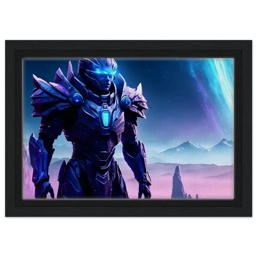 Framed futuristic armored warrior artwork from Celestial Vanguard Canvas Starwatch Titan print