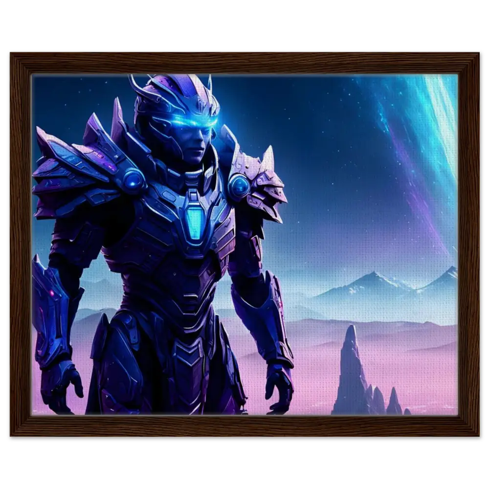 Framed futuristic armored warrior artwork from Celeestial Vanguard Canvas Starwatch Titan PixiOnyx print