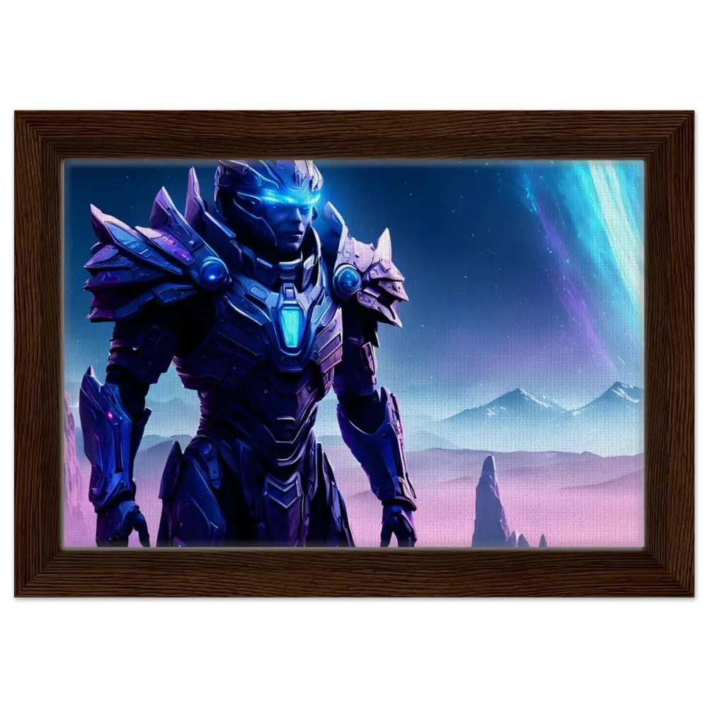 Framed futuristic warrior portrait on Celestial Vanguard Canvas Starwatch Titan print