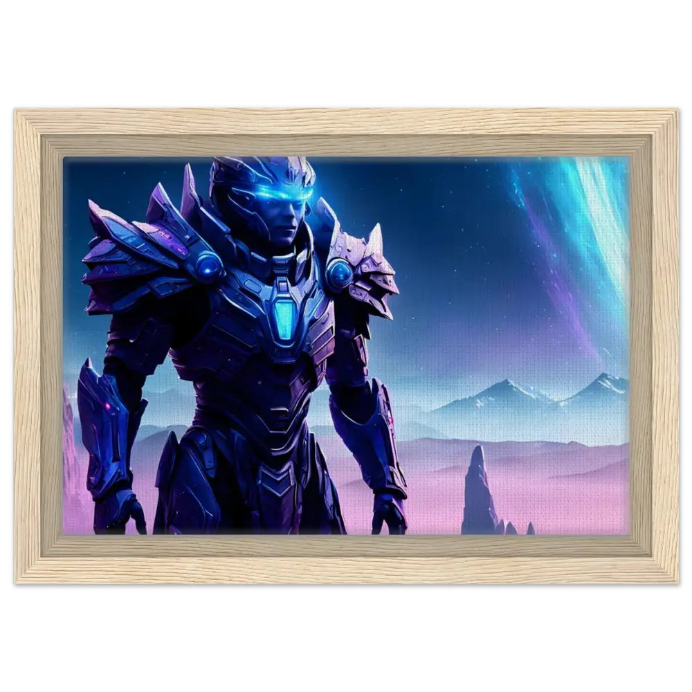 Framed futuristic warrior artwork displayed as Starwatch Titan PixiOnyx Floating Frame Print