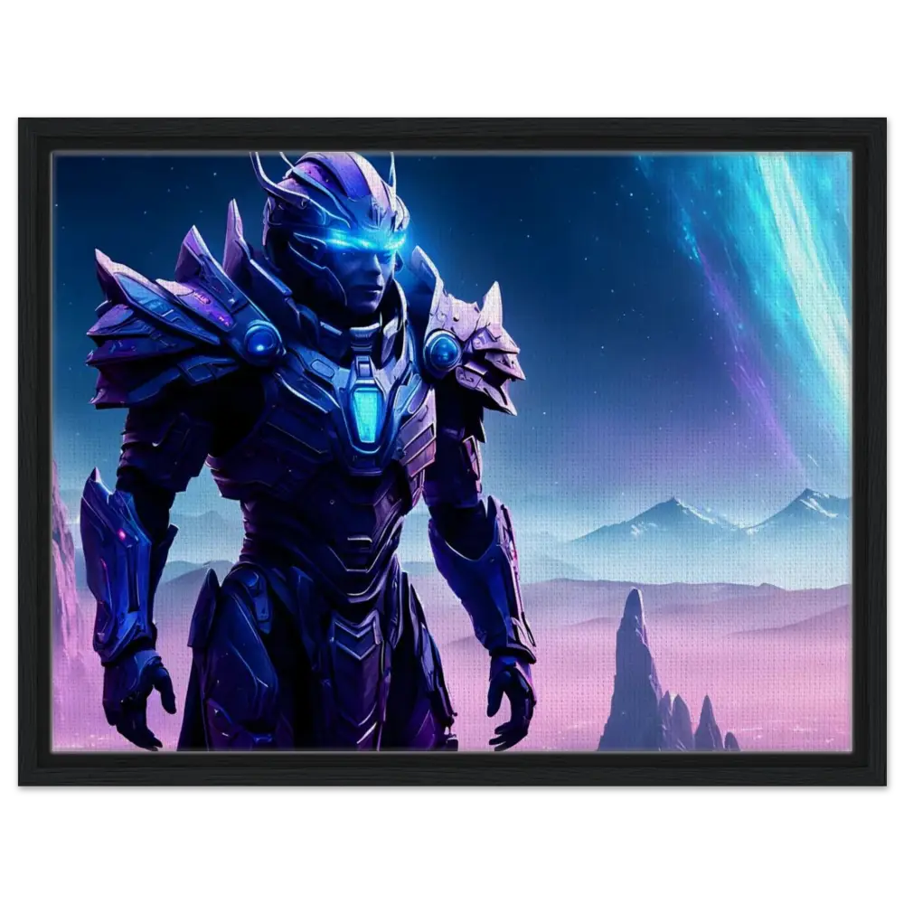 Futuristic armored warrior displayed on Framed Celestial Vanguard Canvas Starwatch Titan