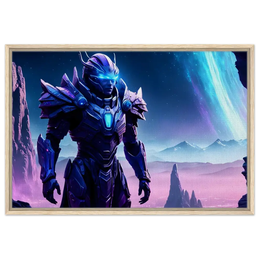 Framed futuristic warrior artwork titled Celestial Vanguard Canvas with PixiOnyx Floating Frame