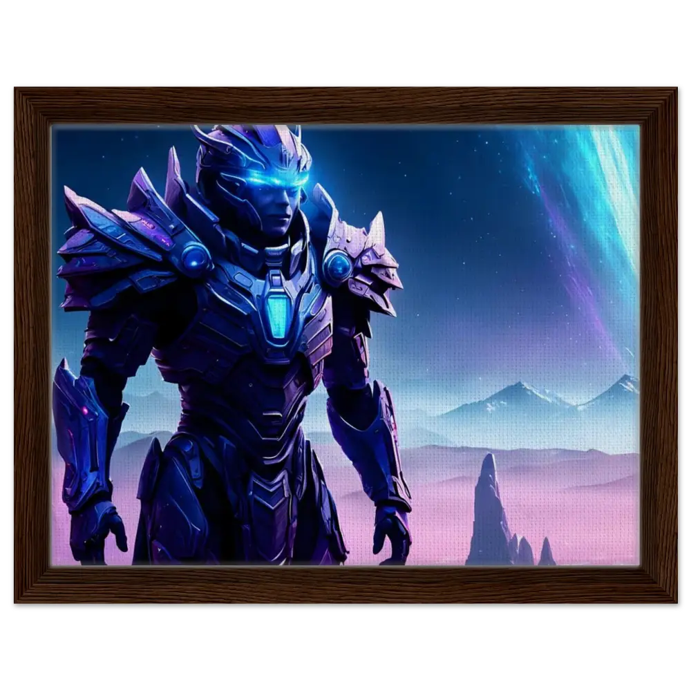 Framed futuristic warrior portrait displayed on the Framed Celestial Vanguard Canvas with Starwatch Titan design