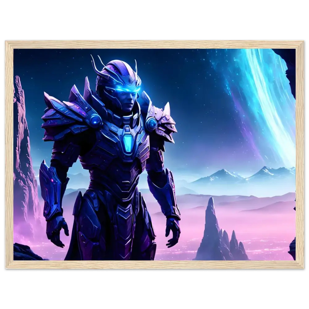 Framed futuristic armored warrior poster from PixiOnyx Cosmic Sentience wall display