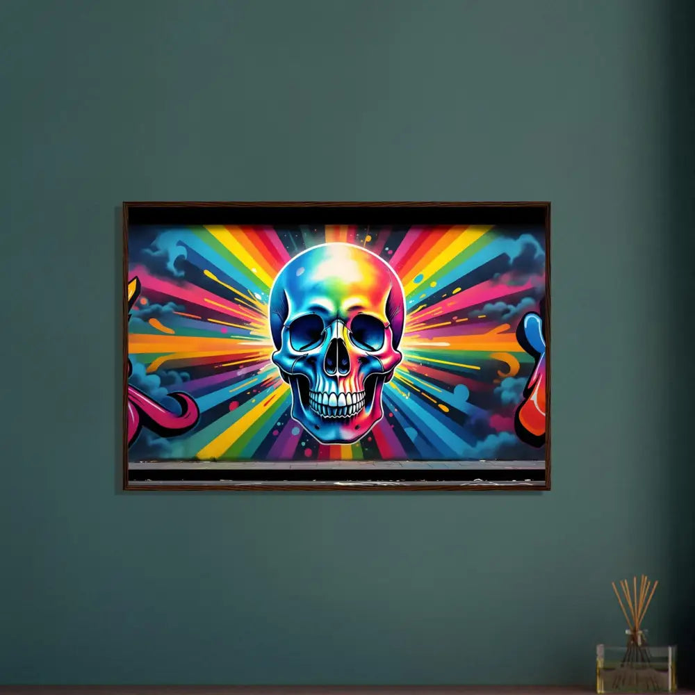 Framed rainbow skull graffiti art poster featuring Chromadelic Skullburst design on PixiOnyx matte print
