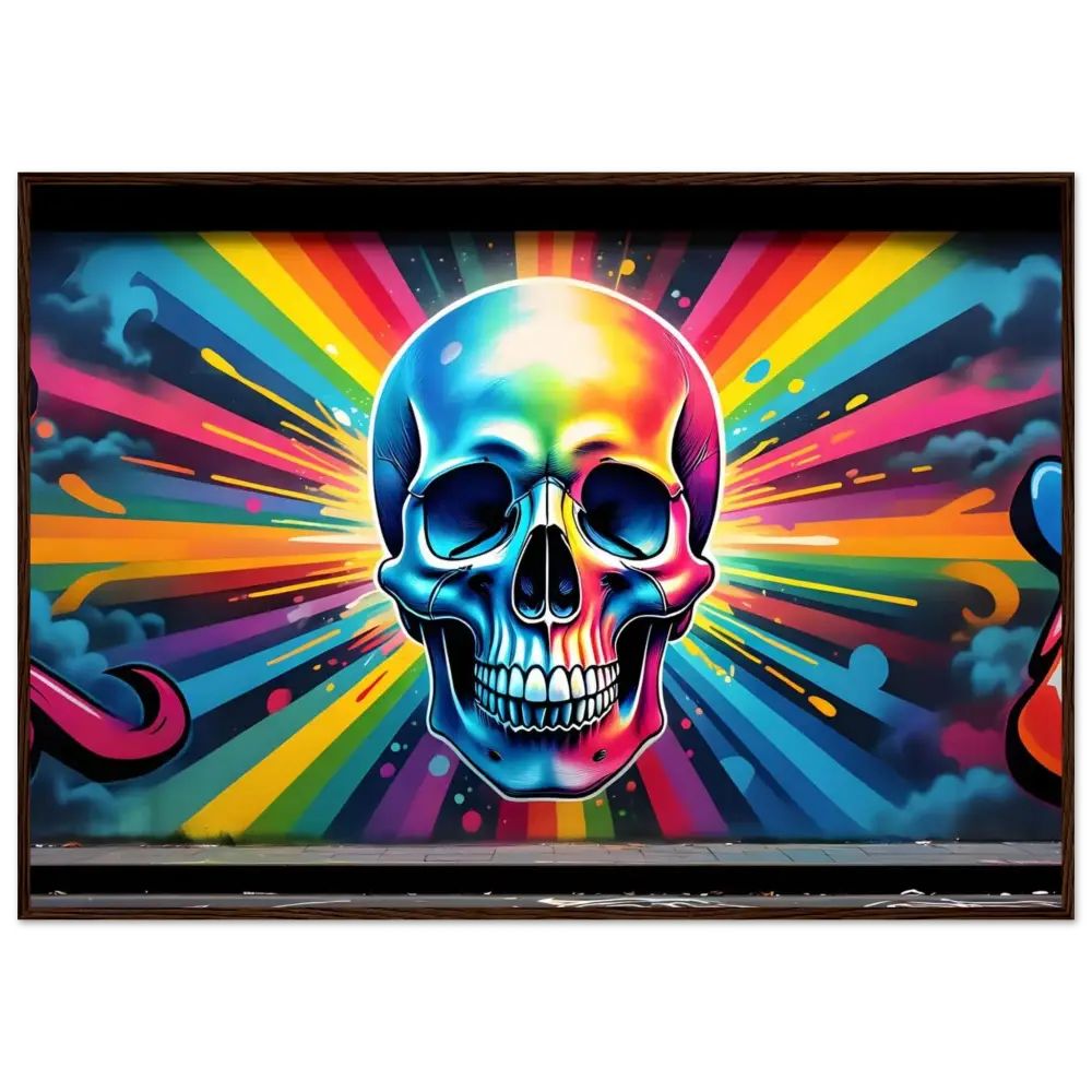 Rainbow-colored skull graffiti artwork on a framed Chromadelic Skullburst Poster