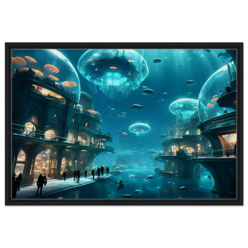 Underwater City with Jellyfish Domes on Framed City of the Abyss Canvas Neon Depths
