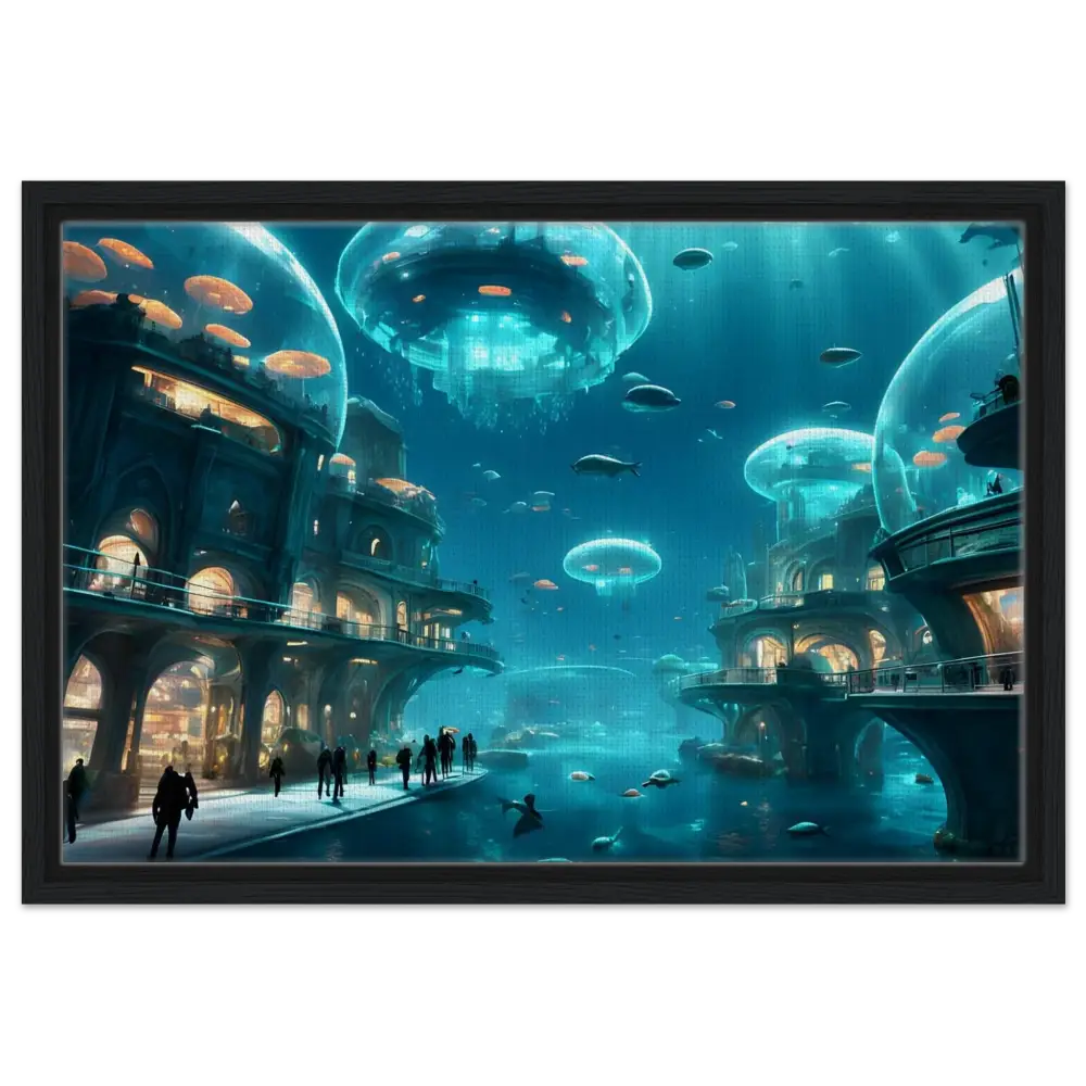Underwater city display in Neon Depths Framed Canvas art by PixiOnyx