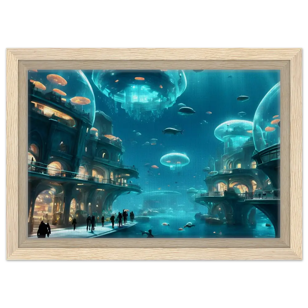 Framed underwater cityscape artwork with neon depths in PixiOnyx floating frame