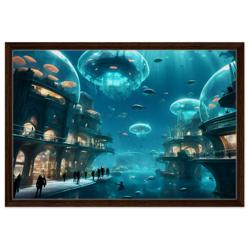 Underwater city painting displayed in Framed City of the Abyss Canvas Neon Depths art