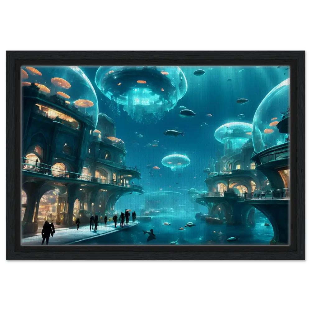 Underwater city with jellyfish domes on Framed City of the Abyss Canvas Neon Depths artwork