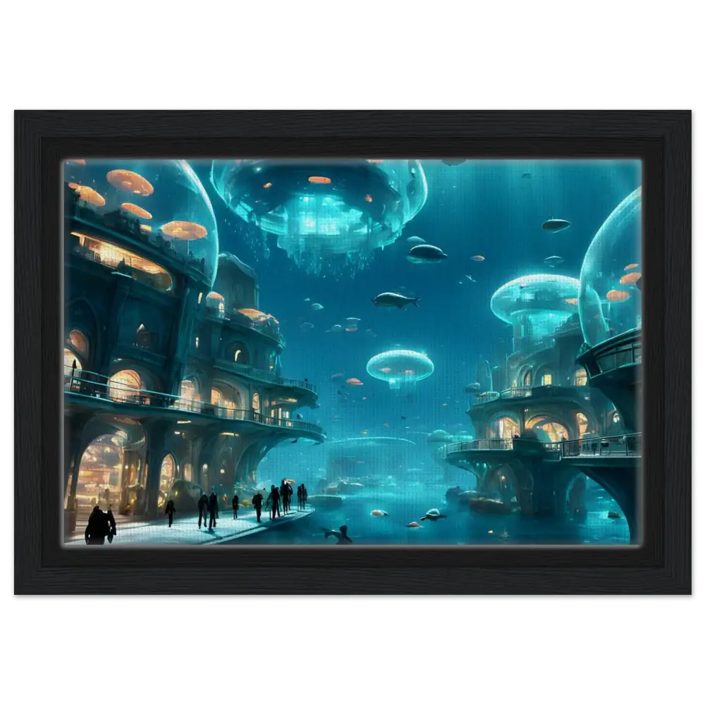 Underwater city artwork displayed in Framed City of the Abyss Canvas Neon Depths