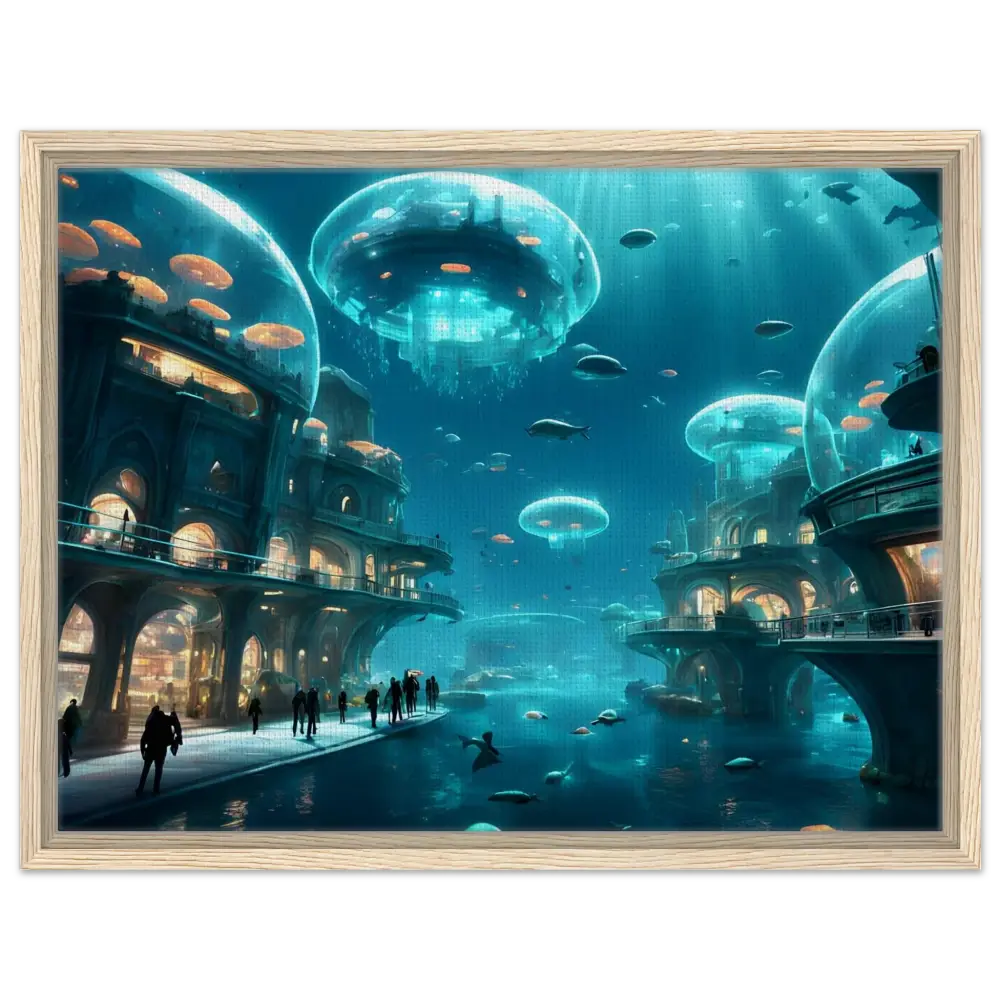 Underwater city with jellyfish domes digital artwork in Framed City of the Abyss Canvas Neon Depths