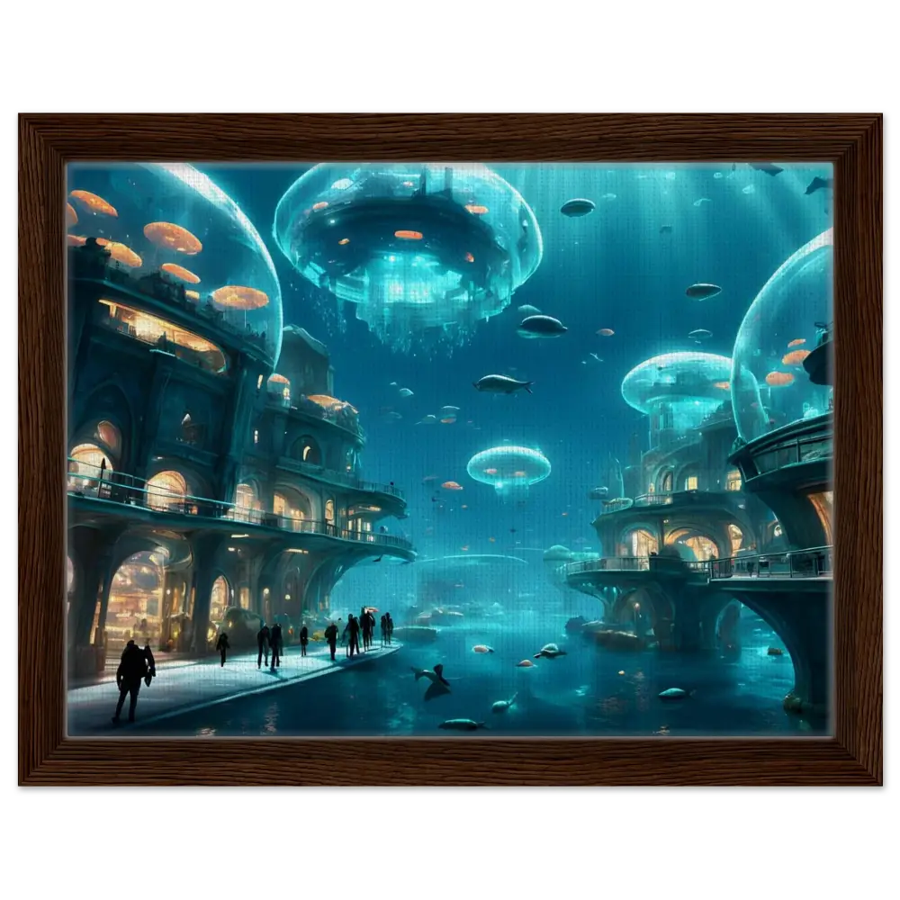 Framed underwater city artwork titled Neon Depths on PixiOnyx Floating Frame Canvas