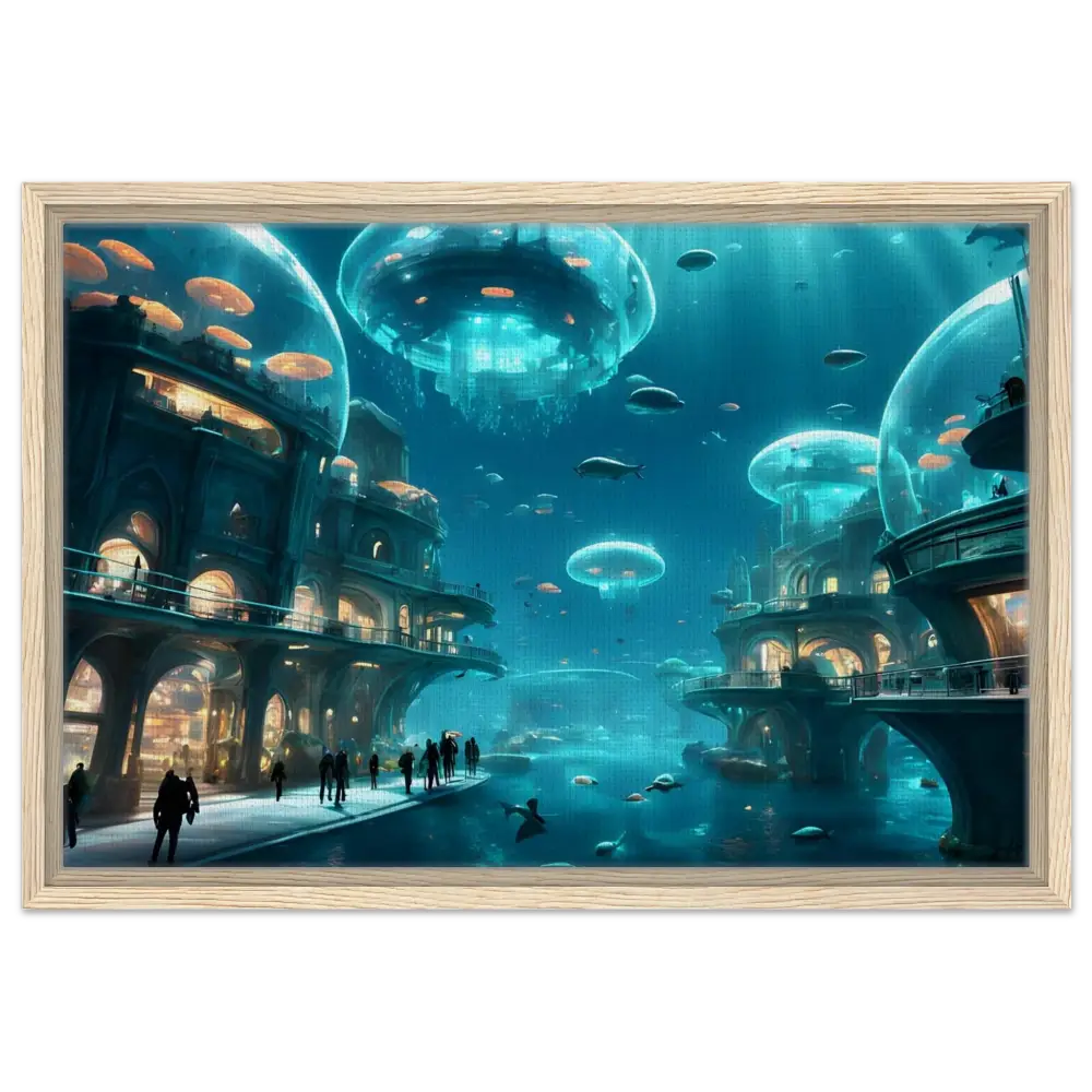 Underwater city with jellyfish domes displayed in Framed City of the Abyss Canvas Neon Depths PixiOnyx Floating Frame Art