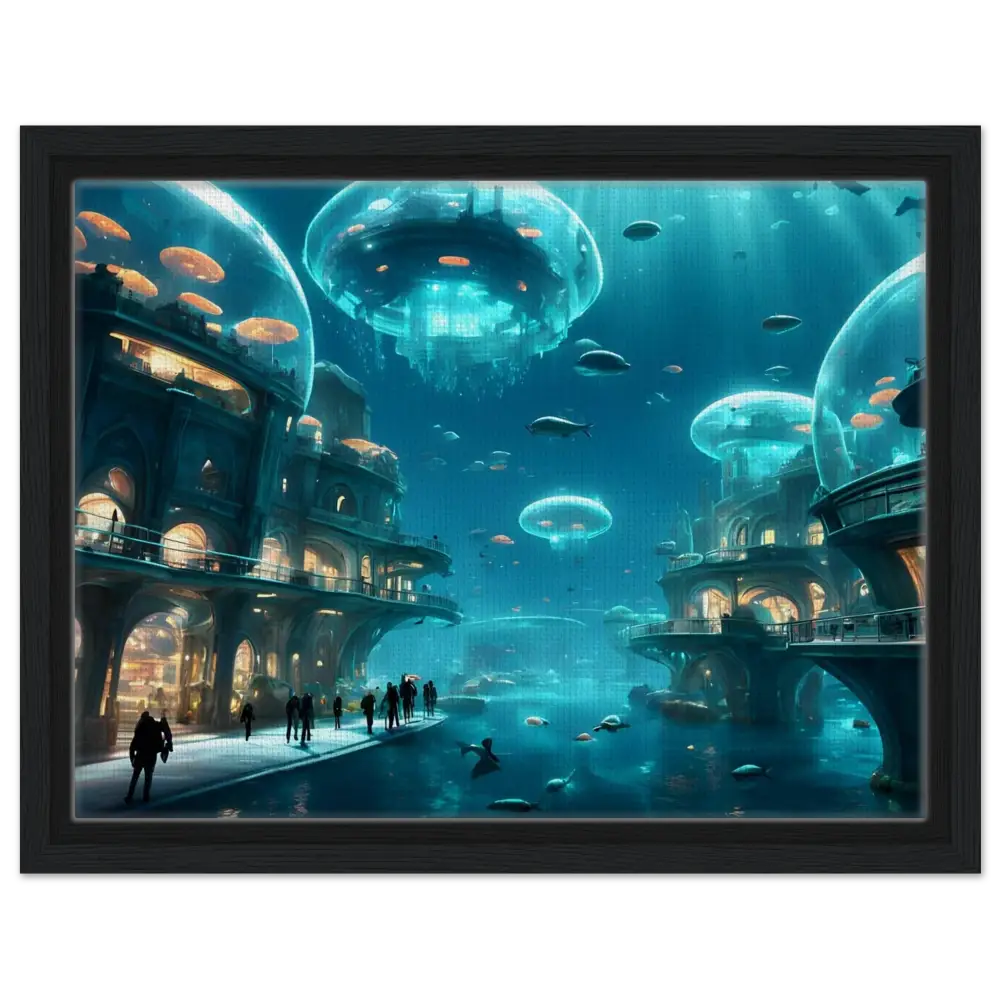Underwater city with jellyfish domes on Framed City of the Abyss Canvas Neon Depths from PixiOnyx