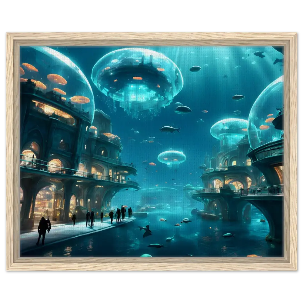 Underwater city with glowing jellyfish domes in neon depths on PixiOnyx Floating Frame Art