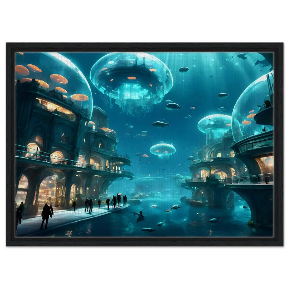 Underwater city with jellyfish domes in Framed City of the Abyss Canvas Neon Depths