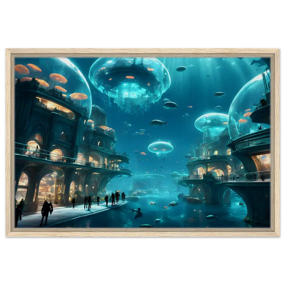 Underwater city artwork on Framed City of the Abyss Canvas Neon Depths PixiOnyx floating frame