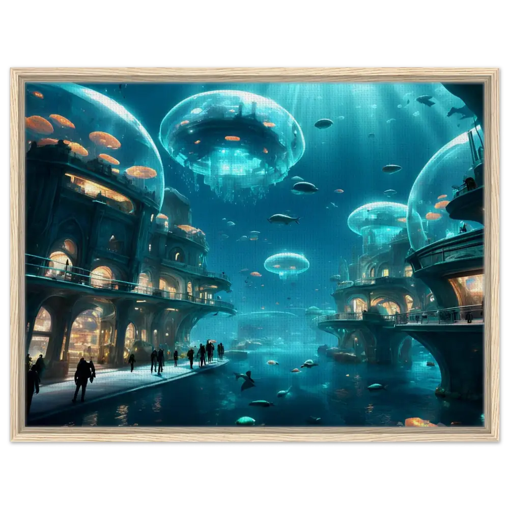 Underwater City with Jellyfish Domes on Framed City of the Abyss Canvas Neon Depths
