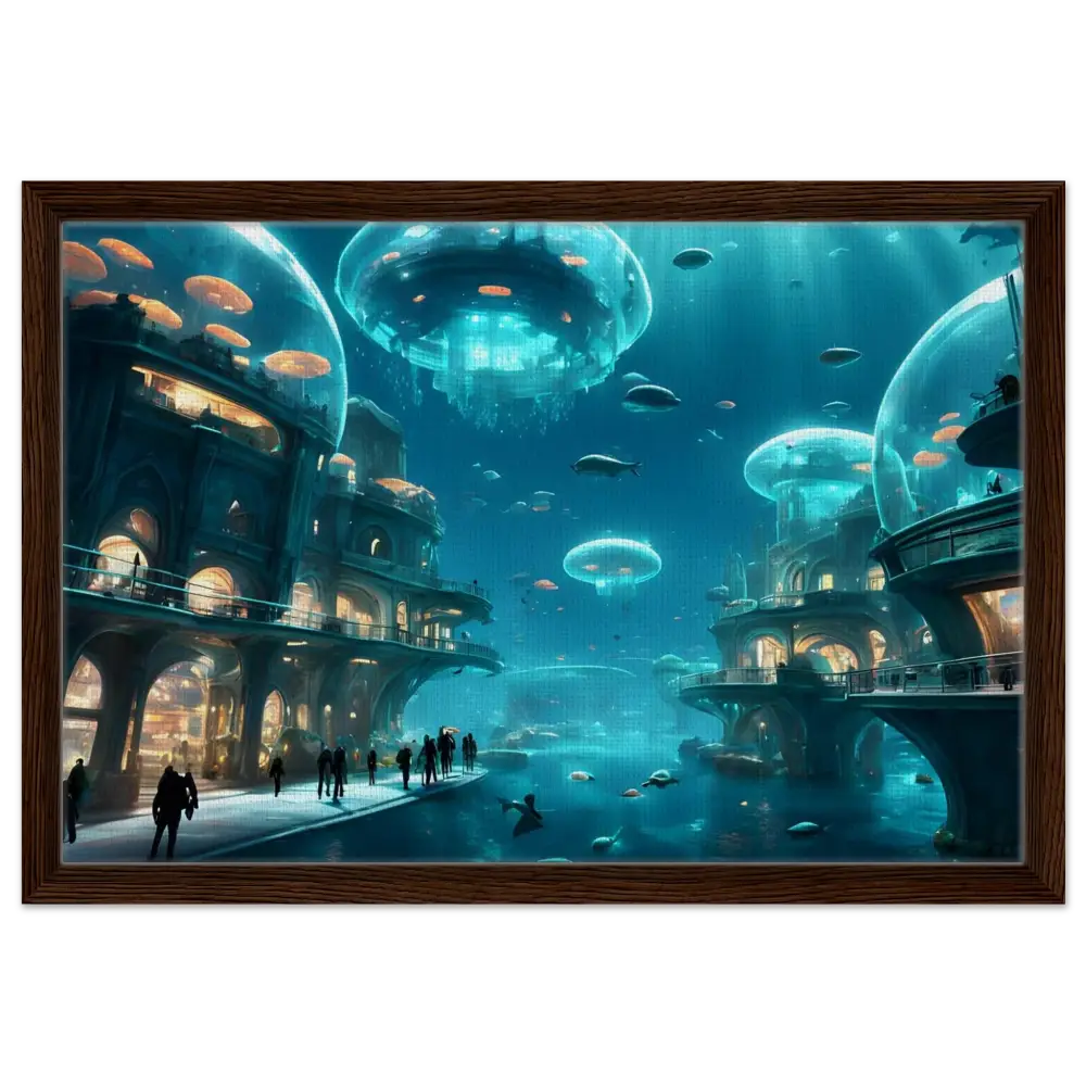 Framed underwater city scene artwork in Neon Depths PixiOnyx Floating Frame art piece