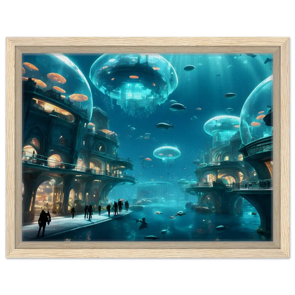 Framed underwater city with Jellyfish-like structures in Neon Depths Canvas by PixiOnyx