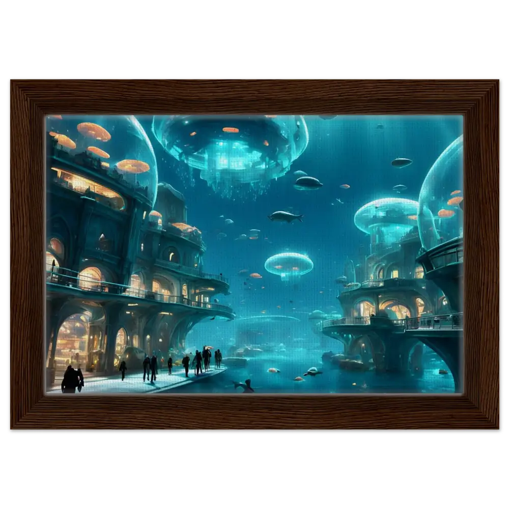 Framed underwater cityscape artwork titled Neon Depths from PixiOnyx Floating Frame Art