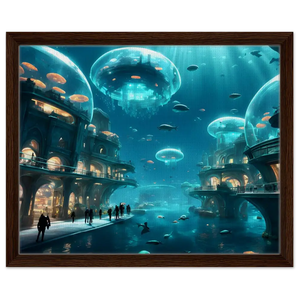 Framed underwater city artwork with neon depths in PixiOnyx floating frame