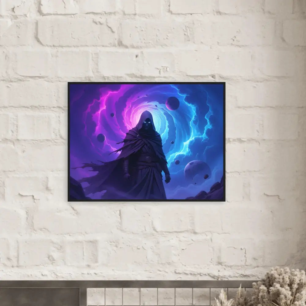 Framed fantasy art print of cloaked figure titled Voidwalkers Gate by PixiOnyx