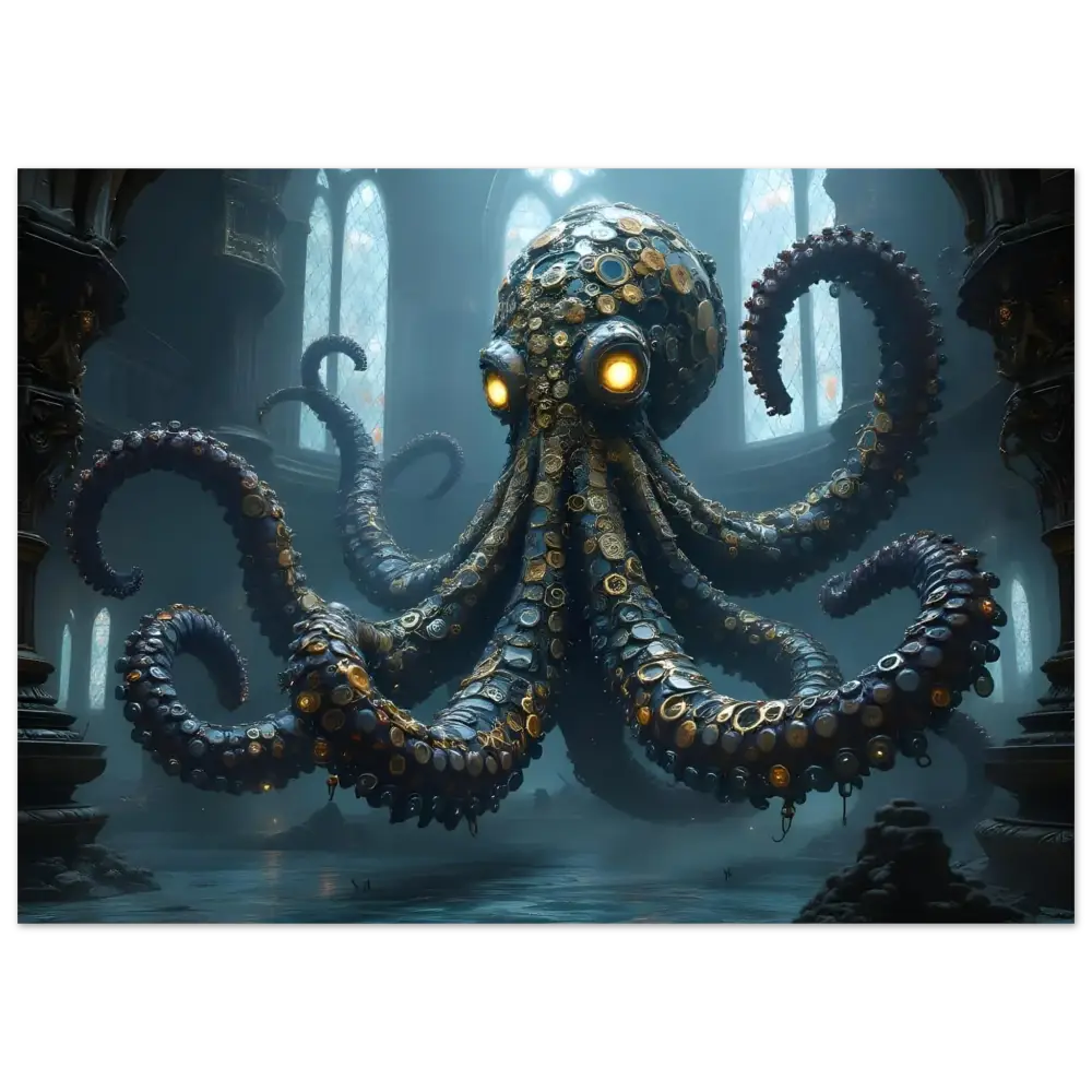 Steampunk octopus with glowing eyes in Framed Clocktopus Art Gothic Timebeast PixiOnyx Mythprint Edition